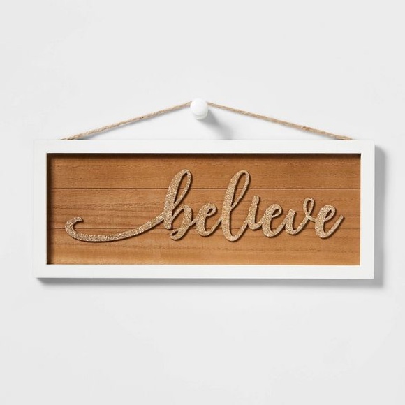 Accessories - Believe Glitter Gold with Wood Frame Hanging Sign White nwt 16 x 6.5 Christmas